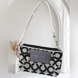 Coach Logo Poppy Canvas Wristlet Wallet Silver & Brown Monogram Pouch